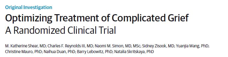 *Double blind, randomized, placebo-controlled trial *395 patients randomized to citalopram or placebo with or without complicated grief therapy (16 weekly sessions) *Median time since