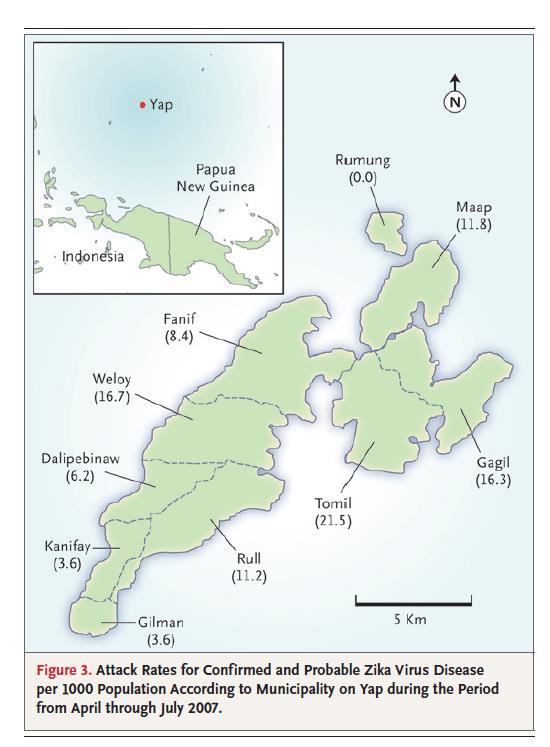 Yap in Micronesia Very small 4 Islands, (7391 inhabitants) Duration of the outbreak: 3 months Rate: 14.