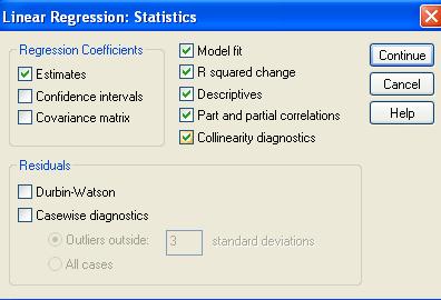 Click on Statistic. Tick Estimates, Model fit, R squared change, Descriptive, Part and partial correlations and Collinearity diagnostics. Click on Continue. Click on the Options button.