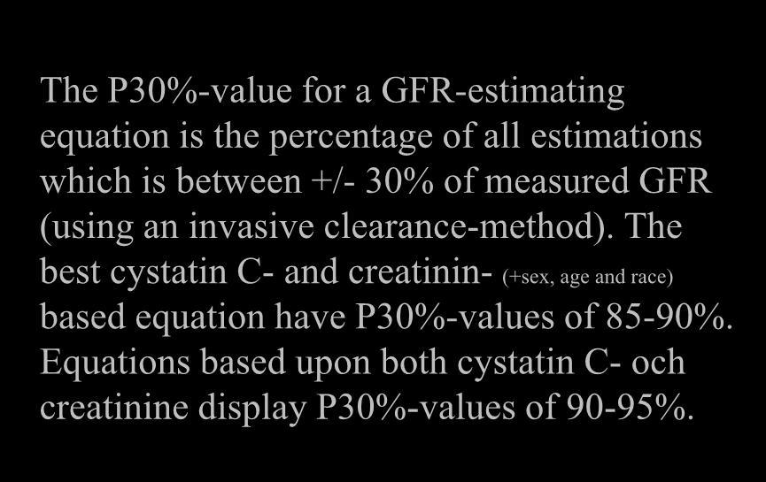 The P30%-value for a GFR-estimating equation is the percentage of all estimations which is between +/- 30% of measured GFR (using an invasive clearance-method).