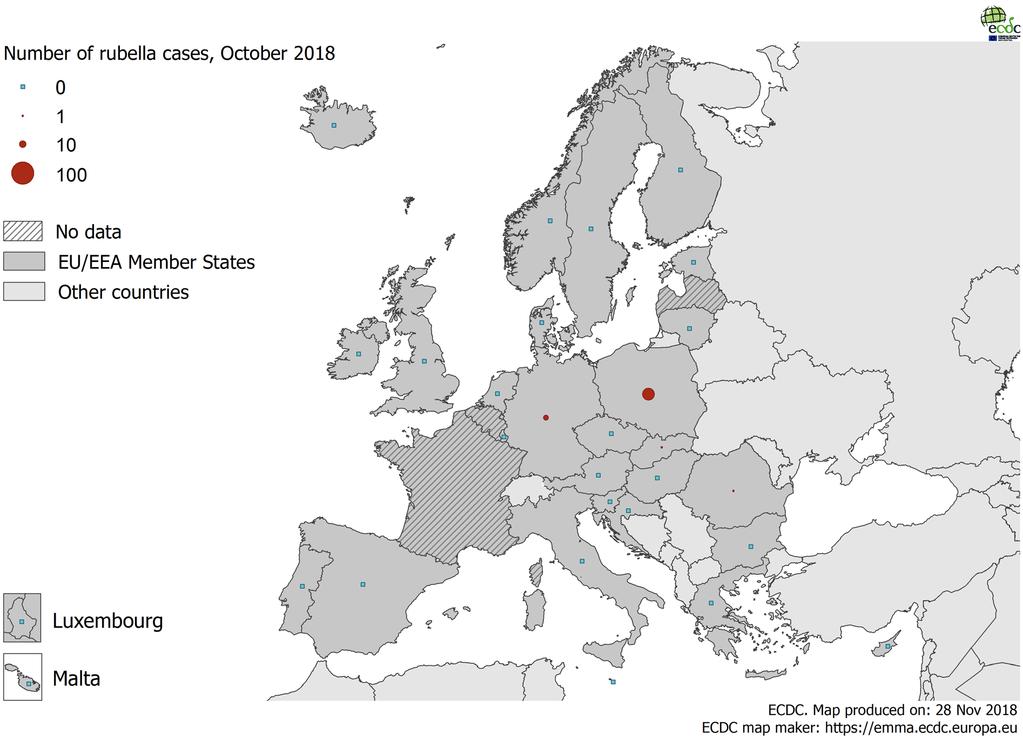 countries reported rubella data for October 2018, with a total of 36 cases reported by four countries (Germany, Poland, Romania and Slovakia) and 23 countries reporting