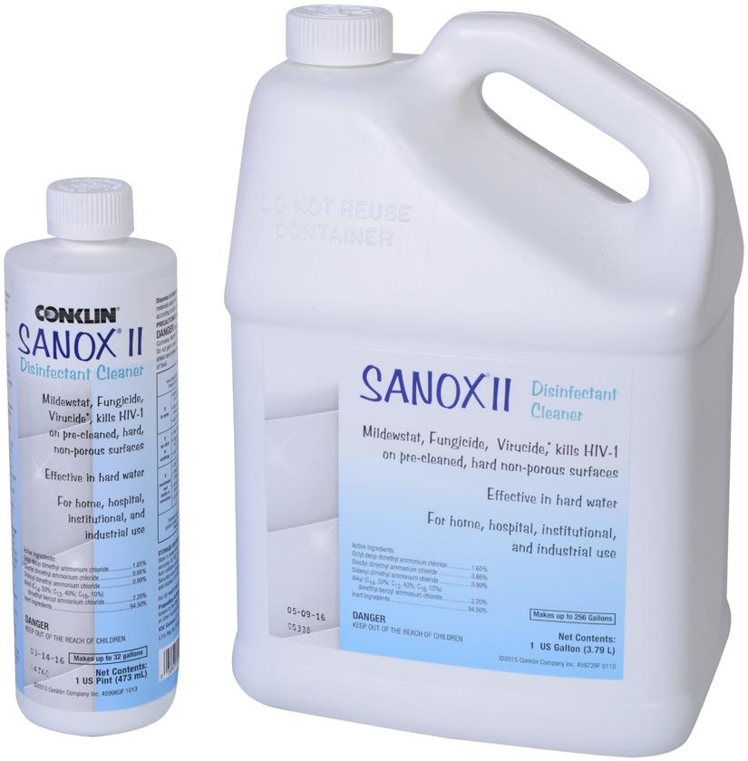 The concentrated formula disinfects hard, non-porous surfaces in animal premises. Sanox II also sanitizes and fights mold, mildew, and fungus in damp or humid areas.