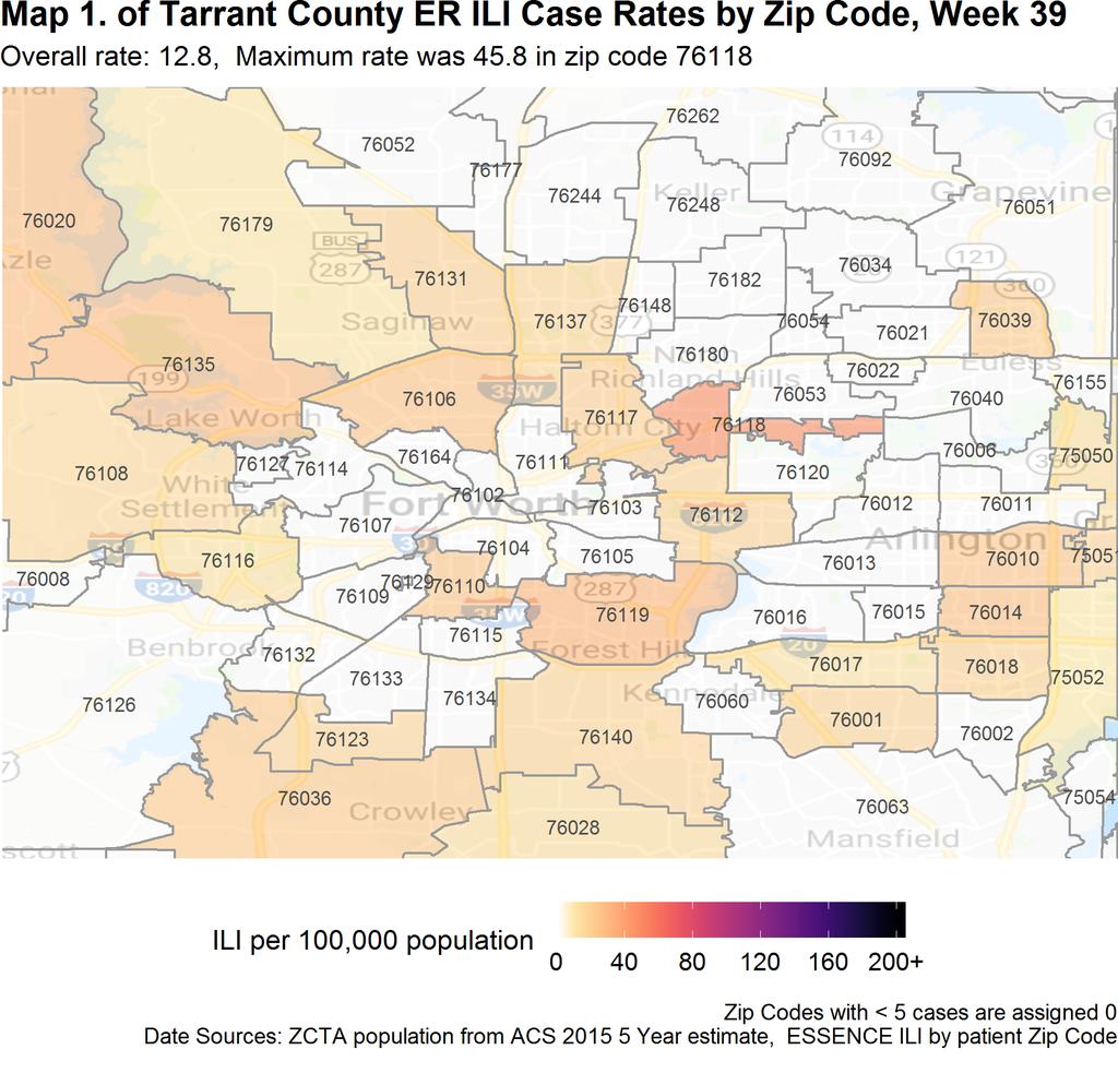 Tarrant County Historical ILI and ESSENCE Geographical Distribution Map % ILI Graph 4. Tarrant County % of patient visits due to ILI during flu season 2014-2015 through 2017-2018 14.0% 13.0% 12.0% 11.