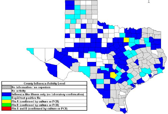 Rapid Influenza Test Results and School Absenteeism Map 2: Texas County Specific Influenza Activity, 38 Influenza activity level corresponds to current MMWR week only and does not reflect previous