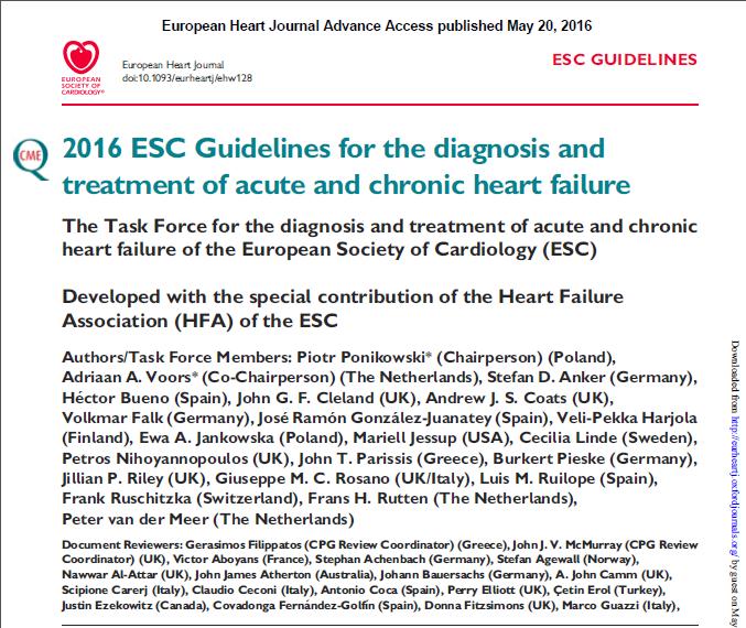 2016 ESC HF Guidelines and ACC/AHA/HFSA Focused Updates Ponikowski P et al., ESC Guidelines for the diagnosis and treatment of acute and chronic heart failure.