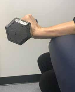 Holding a light weight (1-5 lb) with the wrist extended, the patient performs an upward contraction of the wrist extensor musculature, and then lowers the weight slowly and steadily past the neutral