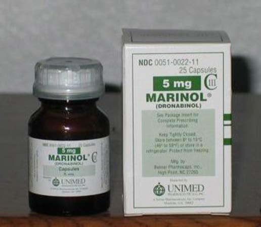 Marinol (dronabinol) Synthetic THC Indications Chemotherapy-associated nausea and vomiting refractory to other antiemetics AIDS-related anorexia Dosage Antiemetic: 5ng/m² PO 1-3 hours before