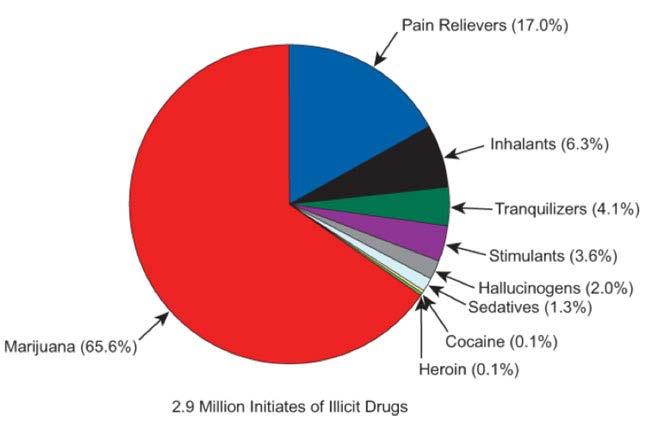 More than half of new illicit drug users begin with Marijuana Next most common are prescription pain relievers, followed by inhalants (which are most common among