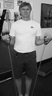 5. Biceps Do Both Bicep curl with sport cord Stand on middle of sport cord with arms extended, palms facing forward. Keep elbows tucked in. Raise hands to halfway between elbow and shoulder.