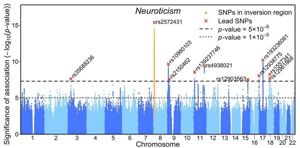 Neuroticism: UK Biobank + Personality Genomics Consortium m-a (N = 170,910) identifies 11 loci (2 more than UKB alone)