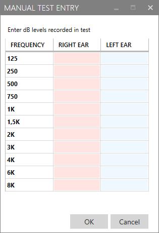 AUDIOMETRY MODULE (BETA) When selecting the Manual Data Entry, a popup will appear and allow the manual entry of data into a table.
