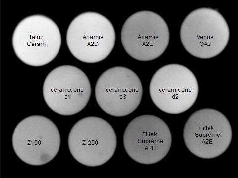 Figure 30 Radiograph of 2mm thick samples to compare radiopacity Conclusions ceram.x one offers a well-balanced radiopacity and can easily be detected on radiographs. 3.7 ptical Properties ceram.