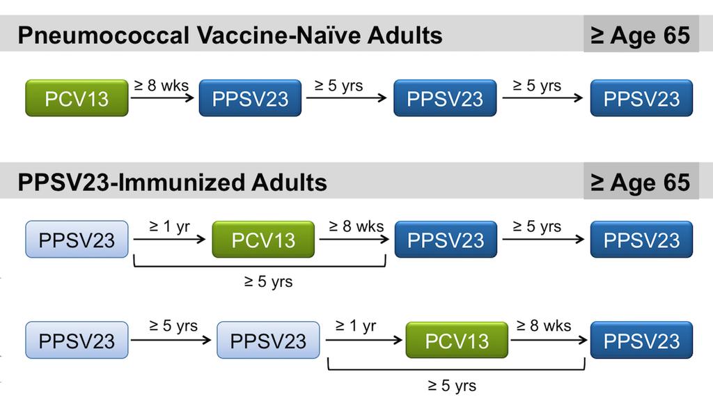 Figure 2 Recommendations for Pneumococcal Immunization in Adults with HIV Infection Note green rectangles indicate administer PCV13 and dark blue rectangles indicate administer PPSV23.