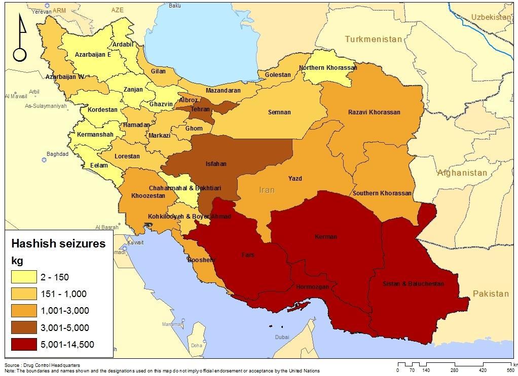 Map of hashish seizures in the Islamic Republic of Iran, 2014 Joint/simultaneous and Maritime Operations 2012 2013 2014 2015 Jan-Mar 2016 I.R. of Iran-Pakistan 0 2 6 5 3 Total seized drugs (kg) 0 3,639.