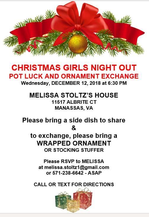 DECEMBER S GNO WILL BE AN ORNAMENT EXCHANGE For Girls Night Out in December a potluck dinner and Christmas ornament exchange!