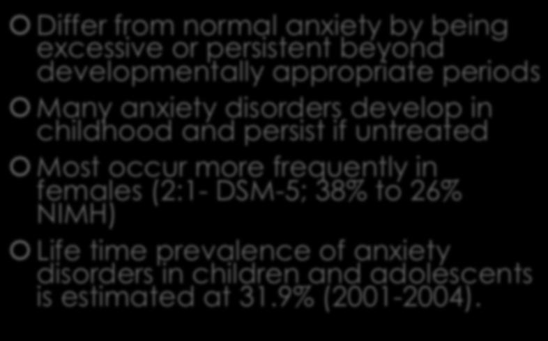 Anxiety Disorders Differ from normal anxiety by being excessive or persistent beyond developmentally appropriate periods Many anxiety
