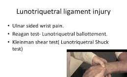 DISSOCIATIVE INSTABILITY LT Shuck Test For LT ligament instability: Base of long finger lunate grasp with right thumb and fingers, L hand grasp the