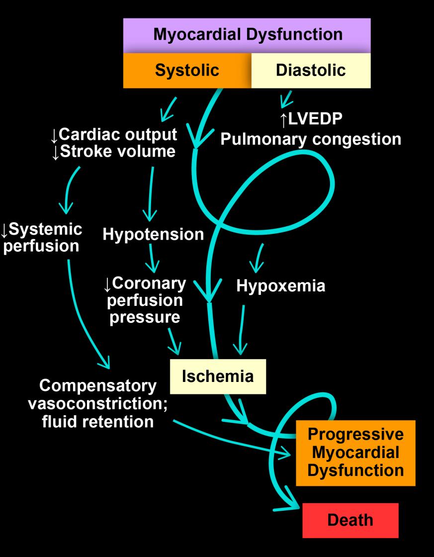 Pathophysiology of Cardiogenic Shock When a critical mass of LV is necrotic and fails to pump, stroke volume and CO fall Myocardial and coronary perfusion are compromised causing