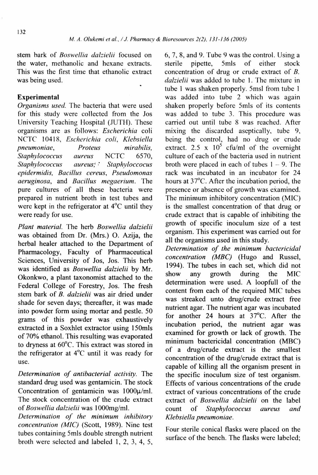 132 M. A. Olukemi et al., / J. Pharmacy & Bioresources 2(2). 131-136 (2005) stem hark of Boswellia dalzielii focused on the water, methanolic and hexane extracts.
