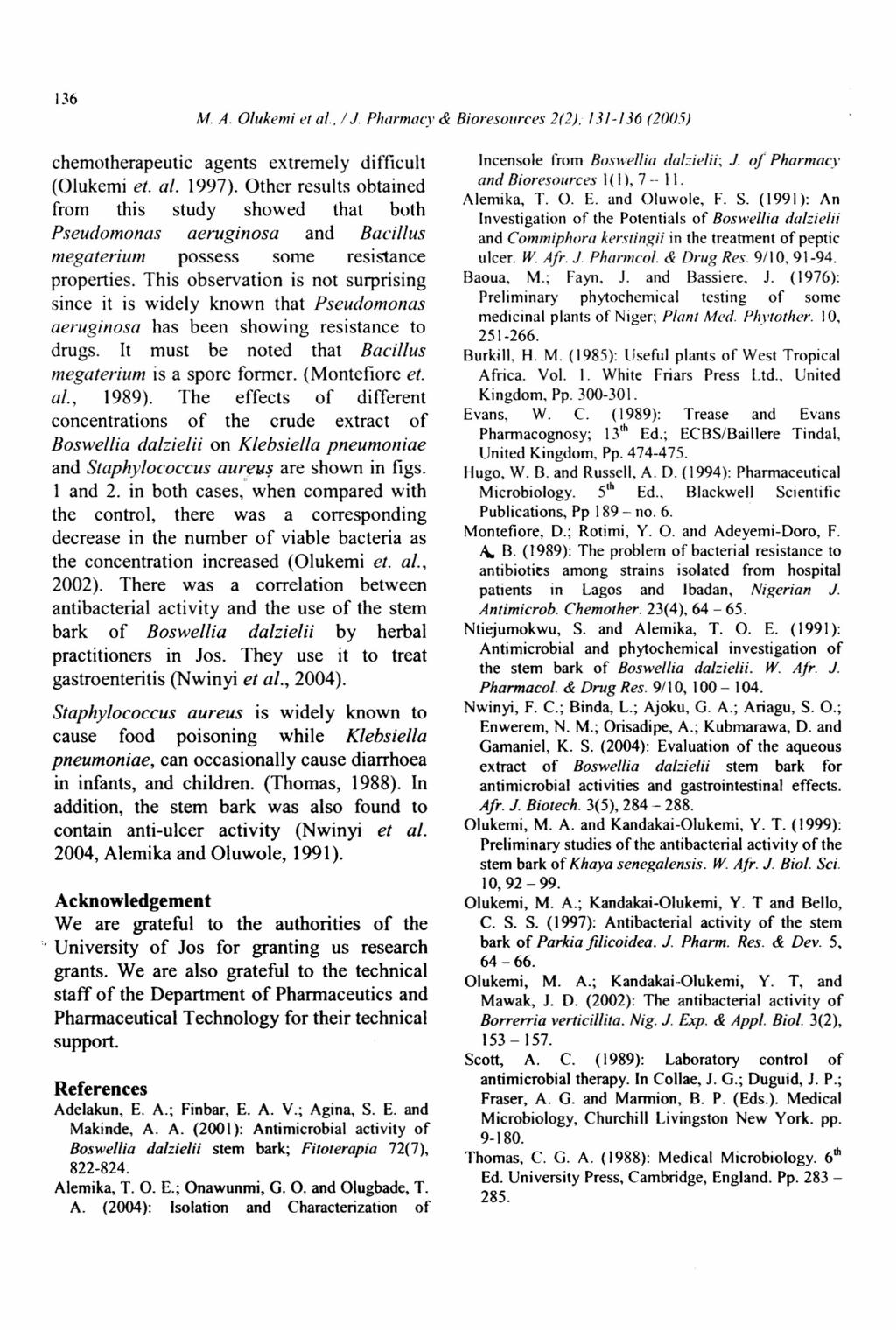 136 M. A. Olukemi et al., /1. Pharmacy & Bioresources 2(2). 131-136 (2005) chemotherapeutic agents extremely difficult (Olukemi et. al. 1997).