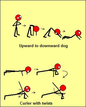 Upward Dog to Downward Dog Start in a standing position. Bend at the waist and move into a downward dog position. Push through to upward dog.