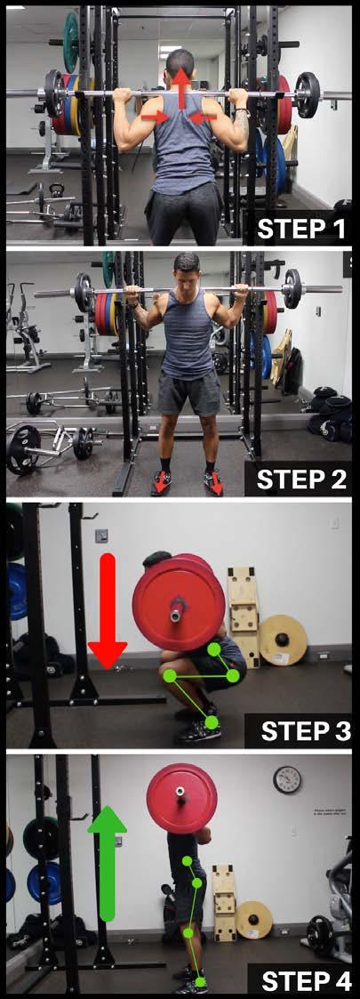 EXERCISE TUTORIALS EXERCISE 2: BACK SQUAT Working Muscles: Quadriceps, Glutes Step 1 (Placement): Grab the bar with an overhand grip slightly wider than shoulder-width.