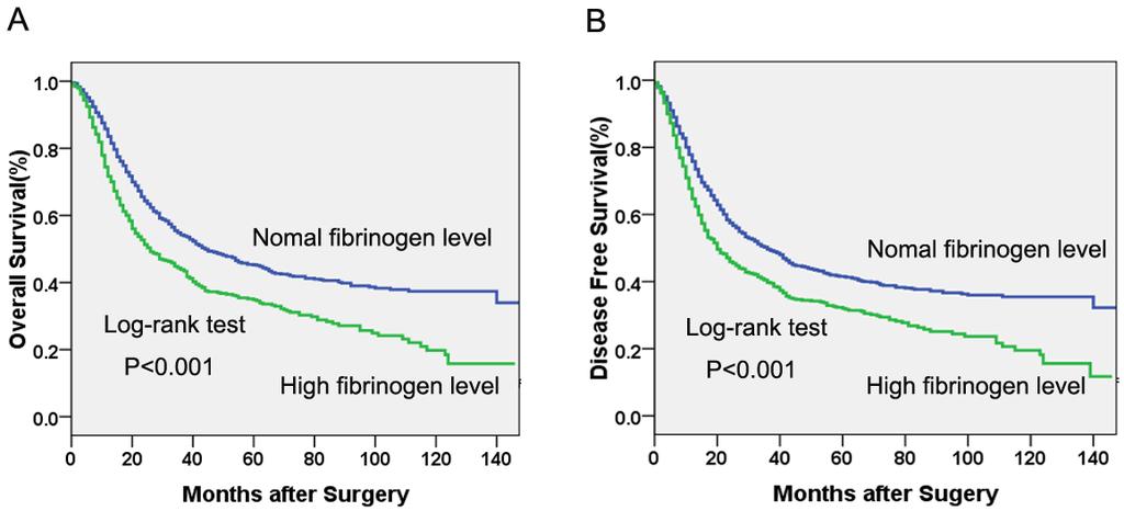 Prognostic factor Overall survival Disease free survival Mean(m) HR(95%CI) P Mean(m) HR(95%CI) P Ever (former + current) 54.8 50.8 Fibrinogen level 1.47(1.28-1.69) <0.001 1.41(1.23-1.61) <0.