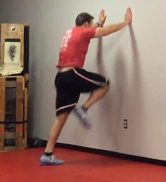 Wall Sprints Start with your hands on a wall and your feet shoulder- width apart. Keep your hands on the wall while lifting your knees up and sprinting in place.