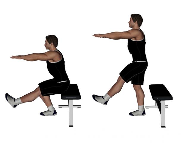 1- Leg Chair Stand Ups Sit on a chair or bench, with one foot on the ground, and the other up off the ground. Straighten your arms in front of you and sit up tall with a flat back.