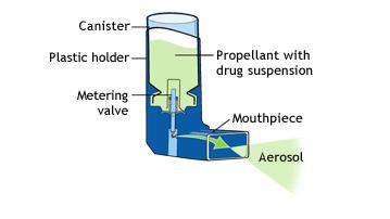 Figure 1: Pressurised Metered Dose Inhaler (pmdi) 5.3.2 Breath-Actuated Metered Dose Inhalers (BA MDI) These inhalers automatically release a spray of medication when the person begins to inhale.