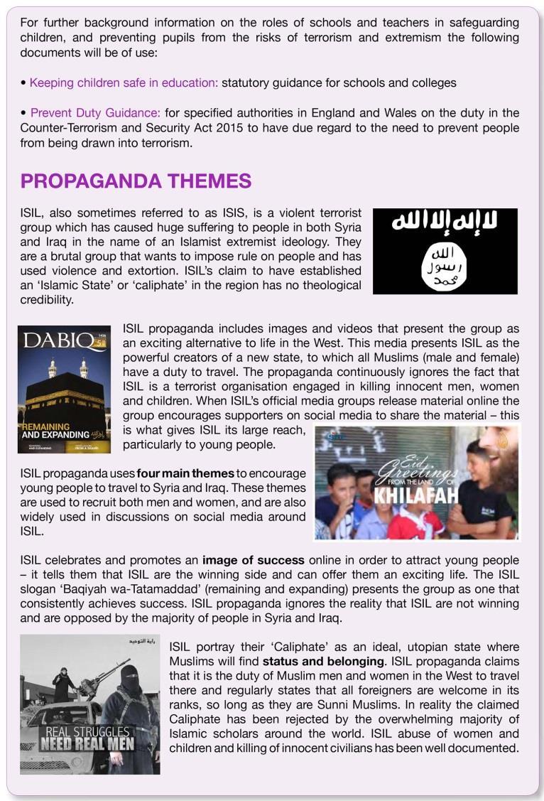 DfE/Home Office briefing note Includes a short summary of some of the main ISIL propaganda claims Identifies