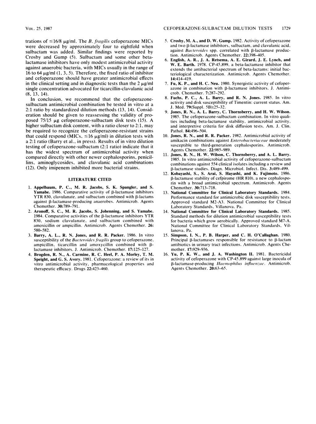 VOL. 25* 1987 trations of <16/8 1tg/ml. The B. firagilis cefoperazone MICs were decreased by approximately four to eightfold when sulbactam was added.