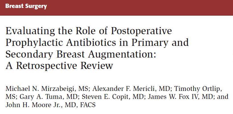 Postoperative Antibiotics 605 implants: 1 o or 2 o breast augmentation 1% CC at mean 3.