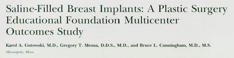 Saline Implants: 1980 s 995 and 882 saline implants, >90% augmentation Mean 6 year and 13 year follow up CC risk factors (20% and 20%)