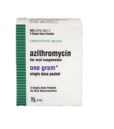 ml (200 mg/5 ml) after reconstitution 1 bottle, containing 1200 mg powder for oral suspension 48 Azithromycin Single-Dose Packet(s) (brand-name Zithromax ) 59762-3051-1 1