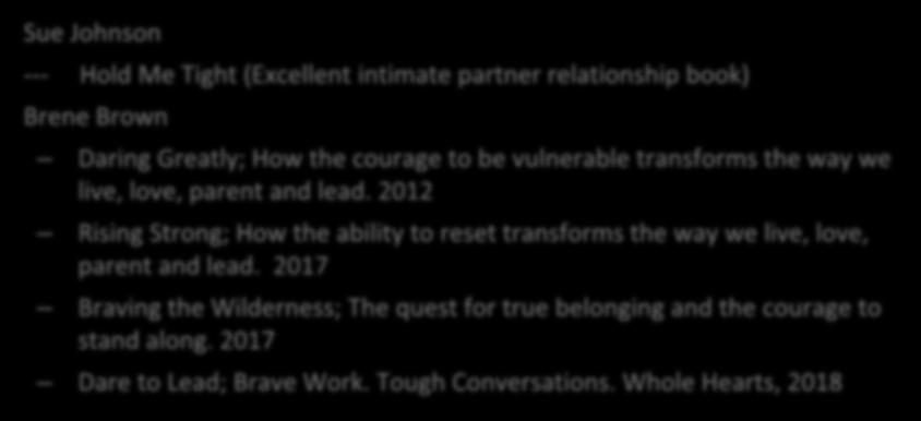 Resources Sue Johnson --- Hold Me Tight (Excellent intimate partner relationship book) Brene Brown Daring Greatly; How the courage to be vulnerable transforms the way we live, love, parent and lead.