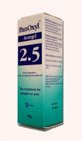 MANAGEMENT OF ACNE VULGARIS Benzoyl peroxide- mild to moderate acne, - First line treatment option - Broad spectrum bactericidal agent - start with mild concentration and dose especially for