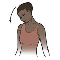Diagonal neck stretch 1. Sit in a chair. 2. Keeping your head facing forward, slowly lower your right ear to your right shoulder (see Fig ure 2). 3.
