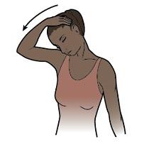 Move head so nose points toward armpit Fig ure 4. Press chin ag ainst chest Side neck stretch 1. Sit in a chair. 2.