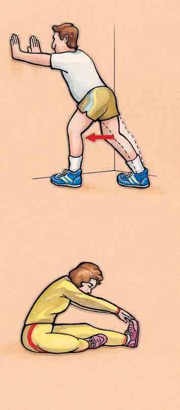 Stretching Exercises Calf and Achilles stretch: Face a wall with your back heel on the floor, feet pointed forward. Lean toward the wall with your back knee straight. Hold for 20-30 seconds.