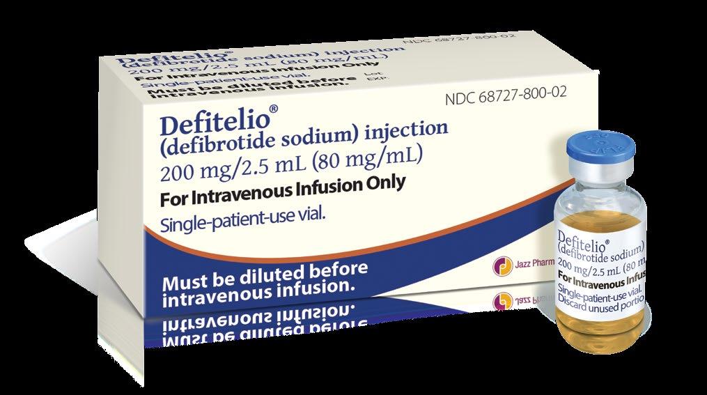 HOW DEFITELIO IS SUPPLIED Defitelio is supplied in a single-patient-use, clear glass vial. 1 PACKAGING INFORMATION Vial volume Carton quantity 2.