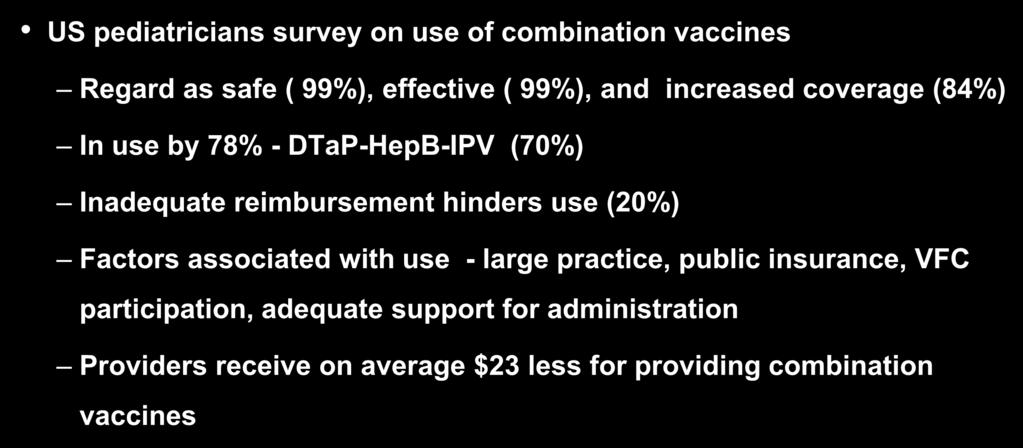 Acceptance of Combination Vaccines by Pediatricians US pediatricians survey on use of combination vaccines Regard as safe ( 99%), effective ( 99%), and increased coverage (84%) In use by 78% -