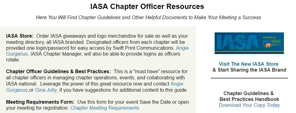 IASA National Support of Chapters Chapter Officer Resource page (Gina