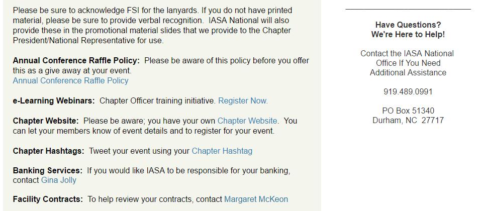 IASA National Support of Chapters Chapter Officer Resource page (Gina