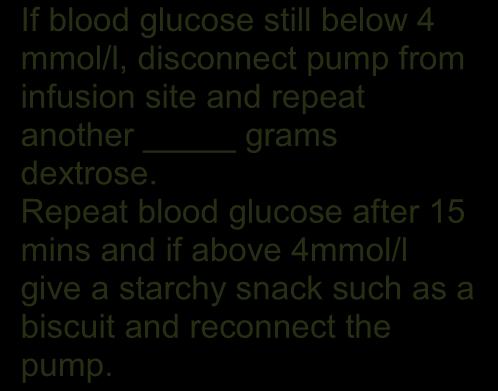 If blood glucose still below 4 mmol/l, disconnect pump