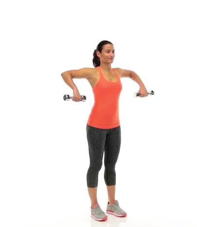 Raise the dumbbells up to chest height, bringing your elbows out to your sides at a 90 degree
