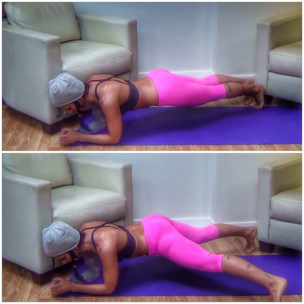 2.Elevated Plank Lateral Shuffle Come into a tall plank, with your feet up on a step, bench, chair, ottoman, etc.