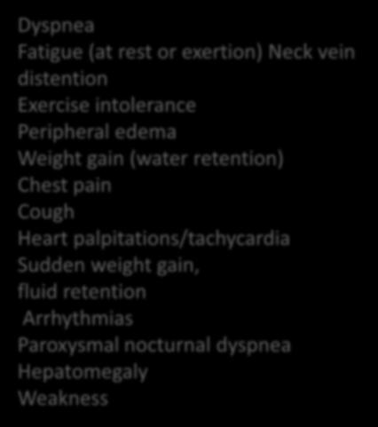 Dyspnea Fatigue (at rest or exertion) Neck vein distention Exercise intolerance Peripheral edema Weight gain (water