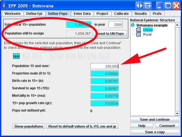 Figure 20 After adding in 250,000 urban residents IF YOU ARE CREATING A NEW WORKSET OR USING DEMOGRAPHIC DATA NOT AVAILABLE THROUGH UN POP You will need to enter the following data on the Define Pops