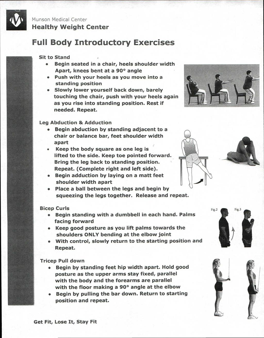 Full Body Introductory Exercises Sit to Stand Begin seated in a chair, heels shoulder width Apart, knees bent at a 90 angle Push with your heels as you move into a standing position Slowly lower